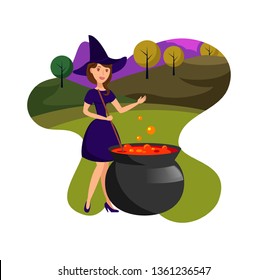 Witch Cooking Magic Brew Flat Color Illustration. Young Lady in Dress with Hat Cartoon Character. Cast Iron Cauldron with Boiling Potion. Halloween Night Party, October Holiday. Woods Scenery