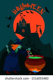 A witch is cooking a potion in a cauldron. Halloween theme art. Vector illustration