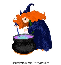 Witch cooking the potion in the cauldron isolated on white background. Halloween illustration painted with chalk