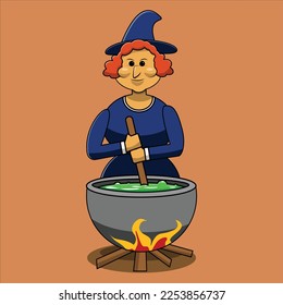 a witch is cooking a potion logo