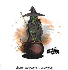 Witch cooking potion in pot and text Happy Halloween, Hand Drawn Sketch Vector illustration.