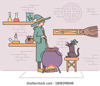 The witch is cooking something in the pot and the cat assistant is helping her. hand drawn style vector design illustrations. 