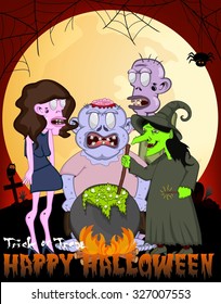 Witch Cooking and Zombie Vector Illustration For Happy Halloween