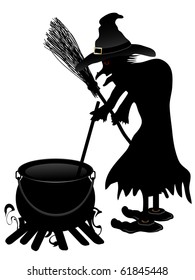 Witch cooks  in her cauldron