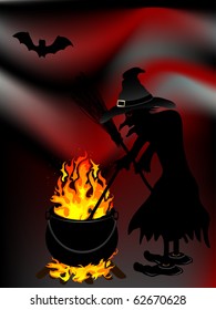 Witch cooks  in her cauldron