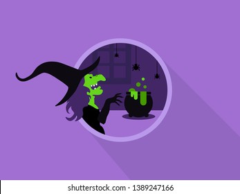 Witch cooks a poisonous potion in the pot. Vector flat illustration.  Boiling potion. Halloween. Spiders in the background.