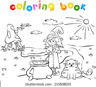 witch cooks a potion in a cauldron near a mushroom house