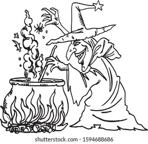witch cooks a potion in a Steel cauldron boiling 