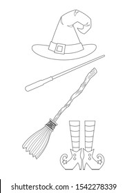 Witch costume and accessories vector isolated on white background. Halloween witch hat, magic wand, broomstick and shoes colorless for coloring book. 