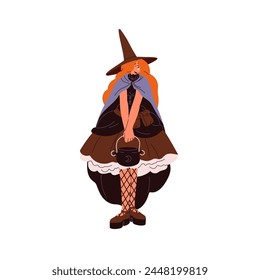 Witch costume for Halloween party. Sorceress in pointed hat on Helloween carnival. Cute girl dressed in wizard holds magic cauldron in hands on masquerade. Flat isolated vector illustration on white