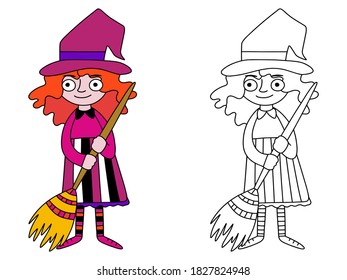 Witch costumed girl with broom, witch hat vector coloring page. Smiling young witch colorful illustration and coloring for kids and adults. Simple drawing activity children horizontal printable page