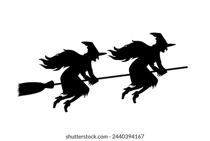 Witch couple rides a broomstick in flight vector silhouette illustration isolated on white. Halloween, bogeyman. Walpurgis night. Black magic lady. Horror horrible nightmare. Night legend fairy tale.