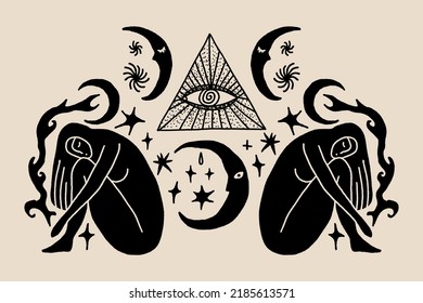 Silueta de mujer Samhain cobertizada de bruja. Ojo de la Providencia, brujería, magia sagrada de la luna simbólica. Creciente macizo mestizo pagano diosa de wicca. Ilustración del cliente vector. Bien por tatuajes, astrología y