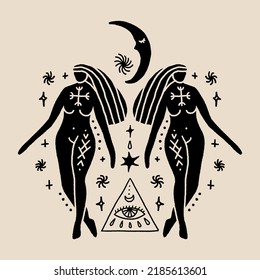 Witch coven Samhain woman silhouette. Eye of Providence, witchcraft sacred moon magic symbolic. Masonic crescent pagan wicca goddess. Vector clipart illustration. Good for tattoos, astrology and