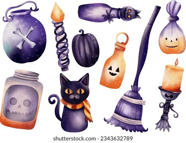 Witch craft set for Halloween element watercolor illustration