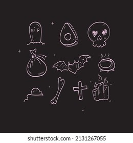 Witch craft. Vector illustration. Icon. Witch magic design vector elements set. Hand drawn collection, doodle, magician sketch. Witchcraft symbols.
