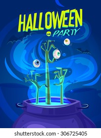 Witch crafting pot with arms and eyes. Halloween card or poster. Vector illustration.