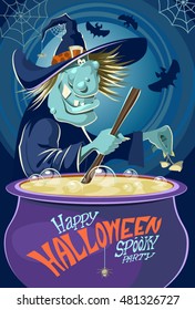 Witch crafting pot. Halloween cardposter. Vector illustration.