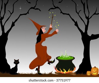 A witch creating spells over her simmering brew