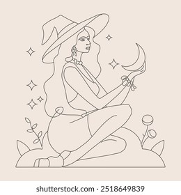 Bruxa com uma lua crescente e estrelas em estilo boho. Desenho de uma linha do contorno. 