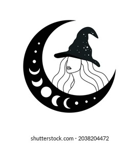 Witch and crescent moon vector illustration svg