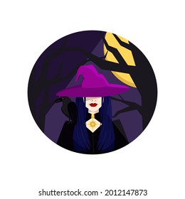 Witch with a crow on his shoulder, Halloween holiday of the dead and ghosts. Vector illustration in flat style.