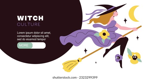 Witch culture horizontal banner in flat style with young hex flying on magic broom vector illustration