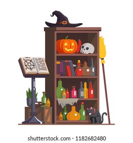 Witch cupboard with accessories, potion bottles, witch hat, carved face Halloween pumpkin, scull and books. Grimoire spell book on a stand and broom. Cat pet licking paw. Flat style vector illustratio