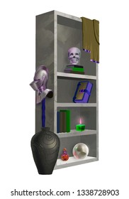Witch cupboard with accessories, potion bottles, knightly helmet, crystal ball, scull and books.