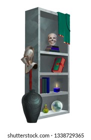 Witch cupboard with accessories, potion bottles, knightly helmet, crystal ball, scull and books.