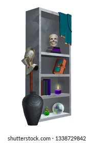 Witch cupboard with accessories, potion bottles, knightly helmet, crystal ball, scull and books.