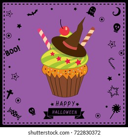 Witch cupcake for Happy Halloween party on purple background colors.