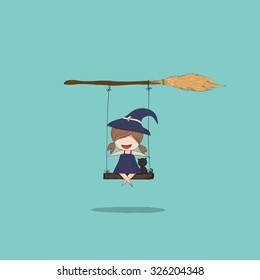 Witch cute   black cat ride the swinging and broom  halloween  drawing by hand vector   digital illustration created without reference image 