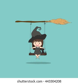 Witch cute and black cat ride on the swinging with broom, halloween, drawing by hand vector