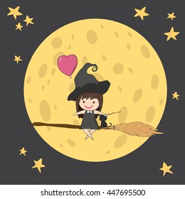 Witch cute and black cat ride on the swinging with broom on a moon, halloween, drawing by hand vector