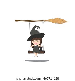 Witch cute and black cat ride on the swinging with broom, halloween, drawing by hand vector