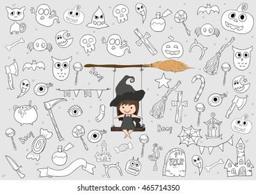 Witch cute and black cat ride on the swinging with broom, halloween, doodles elements background. drawing by hand vector
