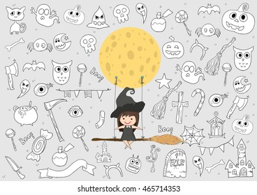Witch cute and black cat ride on the swinging with broom on a moon, halloween. doodles elements background. drawing by hand vector