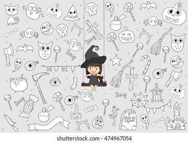Witch cute and black cat ride on the swinging, halloween, doodles elements background. drawing by hand vector