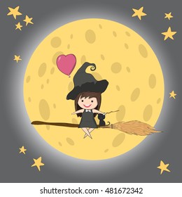 Witch cute and black cat ride on the swinging with broom on a moon, halloween, drawing by hand vector