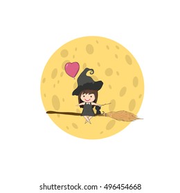 Witch cute and black cat ride on the swinging with broom on a moon, halloween, drawing by hand vector