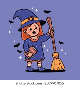 Witch cute girl with broom and book