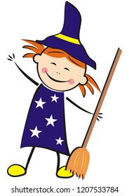 witch, cute girl at mask, isolated vector illustration