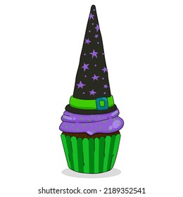 Torta verde de Halloween bruja y torta violeta de fondo blanco. Isolación de la ilustración vectorial de fondo