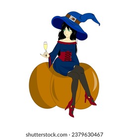 Witch. Cute ladies. Flat style. Halloween costume concept. Hand drawn modern Vector illustration. Poster, sticker templates