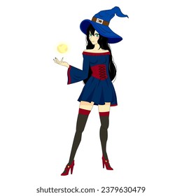 Witch. Cute ladies. Flat style. Halloween costume concept. Hand drawn modern Vector illustration. Poster, sticker templates