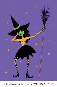 Witch dabbing with a broom. Halloween vector illustration. 