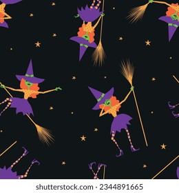 Witch dabbing and witch on a broom seamless pattern. Halloween vector illustration