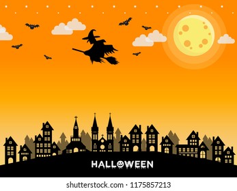 Witch and the dark of the castle, trees and the full moon. Vector illustration.