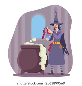 Witch in a dark room brewing a magical potion in a bubbling cauldron, holding a red shoe and a magic orb. Concept of Halloween, magic, and fantasy. Flat cartoon vector illustration